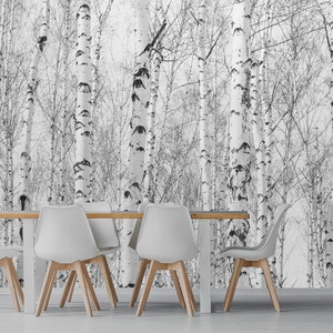 Schwarz-Weiß-Birken entfernbare Stofftapete, Schälen und Kleben, selbstklebende Waldbäume Wandbild für Wohnzimmer, Schlafzimmer