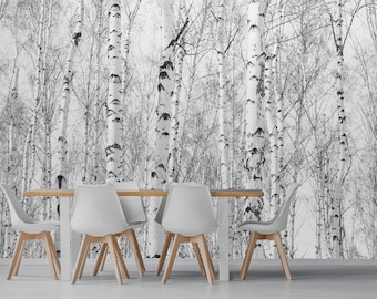 Black and white  birch Trees removable fabric Wallpaper,peel and stick，Self Adhesive forest trees Wall Mural for Living room, bedroom