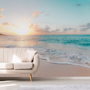 Beach at sunset removable fabric Wallpaper,peel and stick，Self Adhesive ,Sea Wall Mural for Living room, bedroom