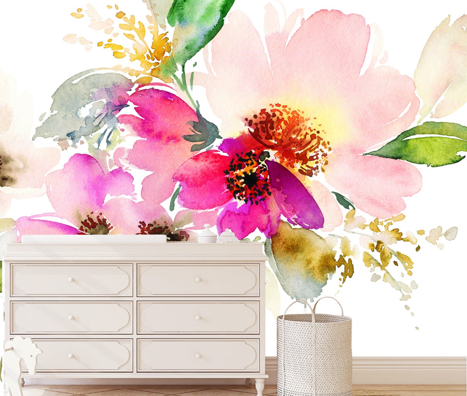 Removable Wallpaper Watercolor Flowers Peel & Stick Floral Etsy