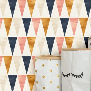 Removable Wallpaper Gold, Blue and Pink Triangles Peel & Stick Wallpaper-Wall Mural- Self Adhesive Wallpaper Scandinavian design