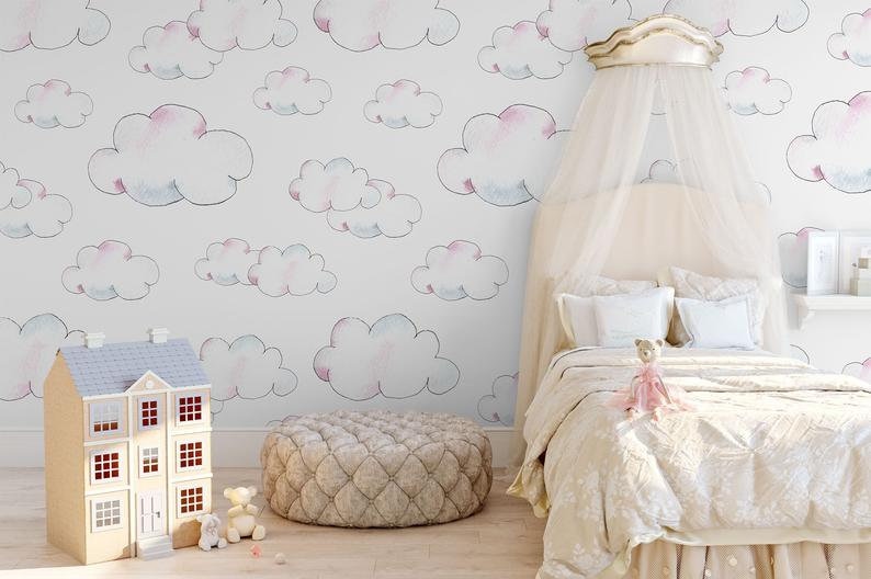 Watercolor Clouds Removable Wallpaper Peel & Stick Nursery Etsy