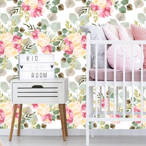Removable Wallpaper floral Wallpaper Peel & Stick Nursery Decor Self- Adhesive Beautiful Bright Colorful Watercolor Rose Flowers Wallpaper