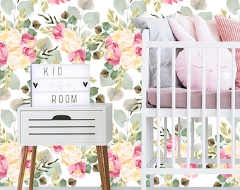 Verwijderbaar behang bloemenbehang Peel & Stick kinderkamerdecoratie Zelfklevend Prachtig helder kleurrijk aquarelroze bloemenbehang