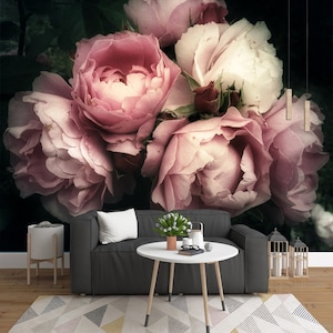 Pink rose removable wallpaper, dark floral mural,  peony wall sticker, peel and stick, Self Adhesive Wallpaper Pink Rose