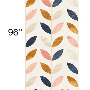 May include: A repeating pattern of stylized leaves in shades of pink, gold, navy blue, and cream on a white background. The pattern is 96 inches tall and 25 inches wide.