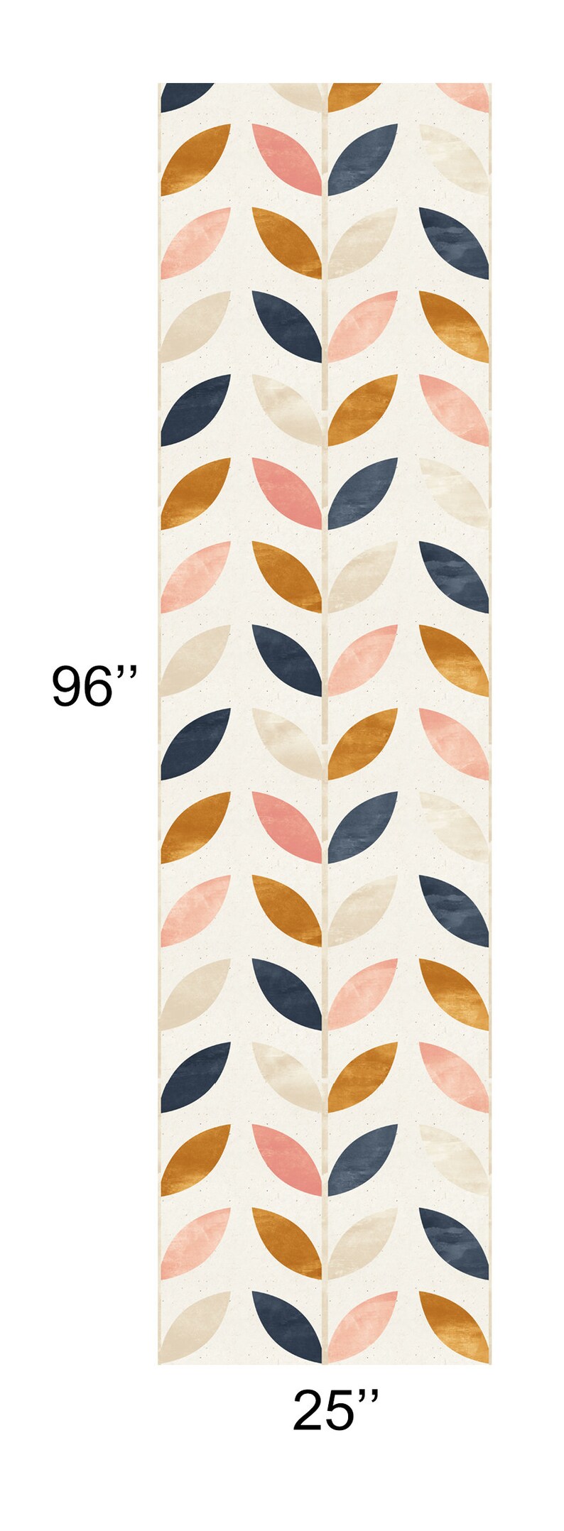 May include: A repeating pattern of stylized leaves in shades of pink, gold, navy blue, and cream on a white background. The pattern is 96 inches tall and 25 inches wide.