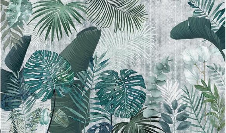 Hand drawn tropical plants leaves Removable wall fabric wallpaper Peel and Stick wall Self Adhesive Wallpaper Monstera Leaf Tropical mural image 7