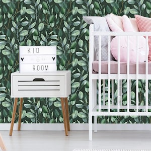 Removable Wallpaper green Eucalyptus Leaves Wallpaper Peel & Stick Mural Nursery Decor Self- Adhesive Wallpaper on dark green background