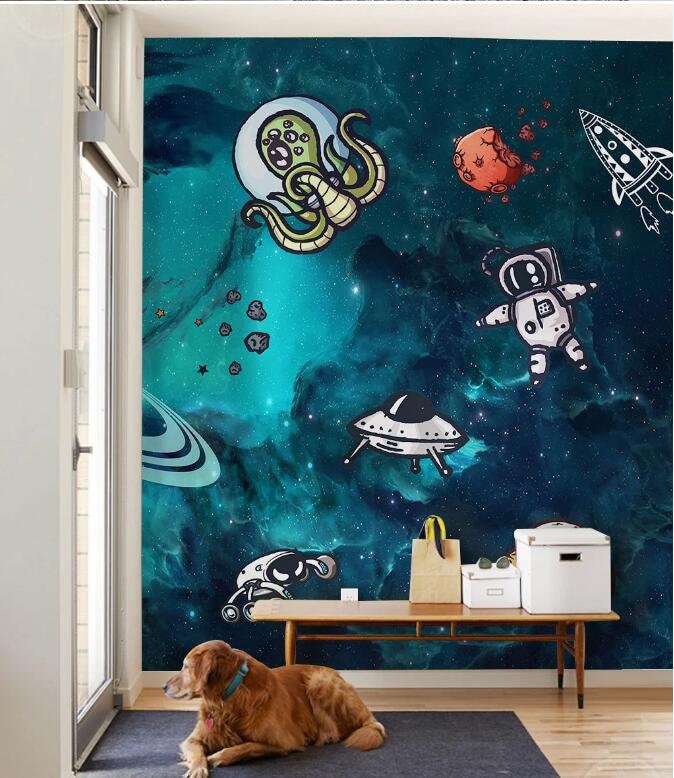 Watercolor Spaceship Wallpaper Space Kids Bedroom Wall Mural Peel and ...