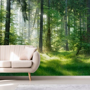 Papier peint amovible en tissu forêt naturelle d'épicéas, à peler et coller, Papier peint mystique forêt mystique auto-adhésif pour le salon et la chambre