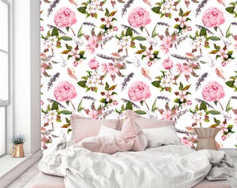 Removable Wallpaper cherry flowers blossom Wallpaper Peel & Stick Nursery Decor Self- Adhesive Wallpaper floral plants Mural