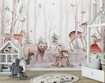 Papel tapiz extraíble con dibujos de animales del bosque en acuarela, arte de pared, papel tapiz despegable y adhesivo, mural de pared de bosque, papel tapiz para habitación infantil.