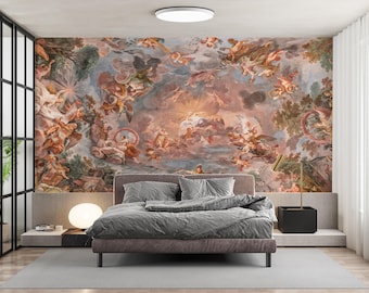 Rome Italy Renaissance Wallpaper - Baroque Ceiling Mural - Vintage Italian Fresco - Peel and Stick Luxury Wallpaper Grand Dining Room Decor