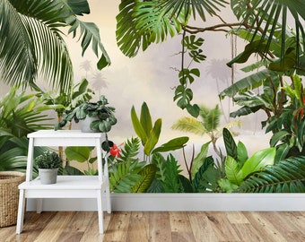 May include: A tropical jungle mural featuring lush green foliage, palm trees, and a misty background. The mural is displayed on a wall with a white step stool and a potted plant in front of it.
