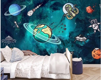 Blue Space Wallpaper Kids Bedroom Wall Mural Peel and Stick Solar ...