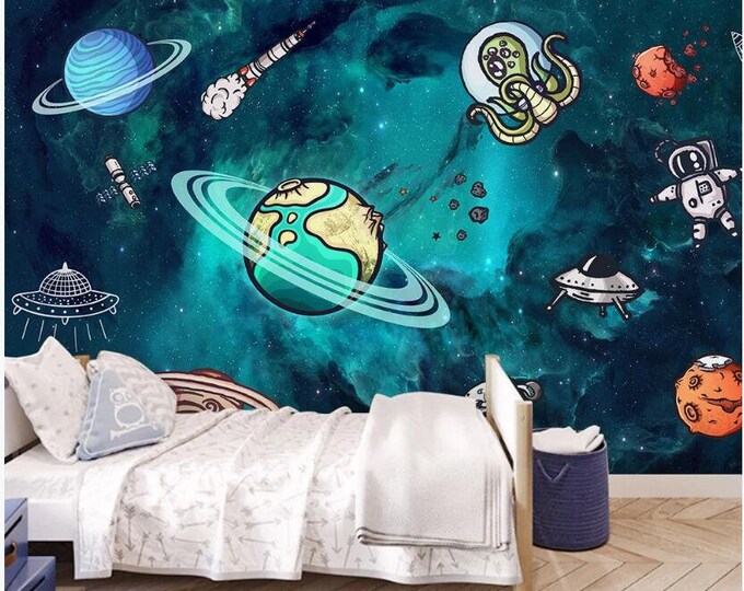 Blue Space Wallpaper Kids Bedroom Wall Mural Peel and Stick Solar ...