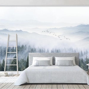 Mori Cloud Forest, Mountain Flying Birds Removable wall fabric wallpaper Peel and Stick wall Self- Adhesive Wallpaper