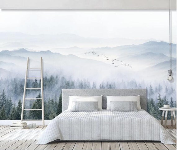 Mori Cloud Forest, Mountain Flying Birds Removable wall fabric wallpaper Peel and Stick wall Self- Adhesive Wallpaper