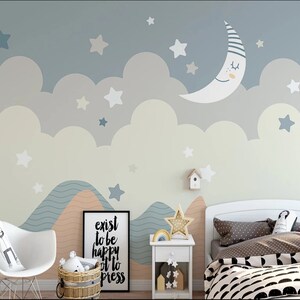Cartoon children's room Removable wall fabric wallpaper cute stars and moon mountain Peel and Stick wall Self- Adhesive Wallpaper mural