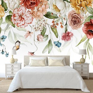 Watercolor  Soft Floral Wallpaper,peel and stick，Self Adhesive, Soft Peony Blossom Wall Mural Colorful Flower Garden