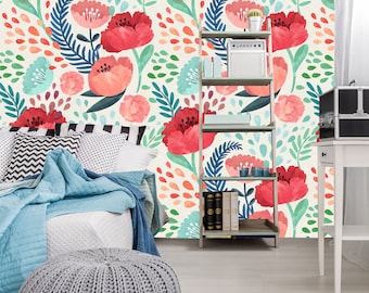 Removable Wallpaper watercolor floral Wallpaper Peel & Stick Nursery Decor Self- Adhesive Red Poppy Flowers Wallpaper