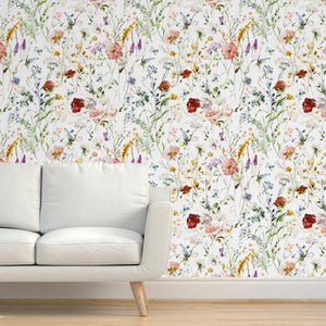 Watercolor  Wildflower  Wallpaper,peel and stick，Self Adhesive, Watercolor Flower Wall Mural Colorful Flower Garden
