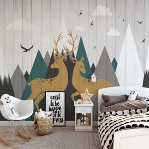 Abstract mountain Removable wall fabric wallpaper bird white cloud forest elk  Peel and Stick wall Self- Adhesive Wallpaper mural