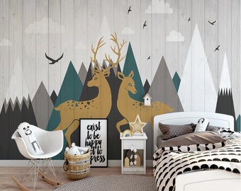 Abstract mountain Removable wall fabric wallpaper bird white cloud forest elk  Peel and Stick wall Self- Adhesive Wallpaper mural