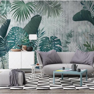 Hand drawn tropical plants leaves Removable wall fabric wallpaper Peel and Stick wall Self Adhesive Wallpaper Monstera Leaf Tropical mural image 4