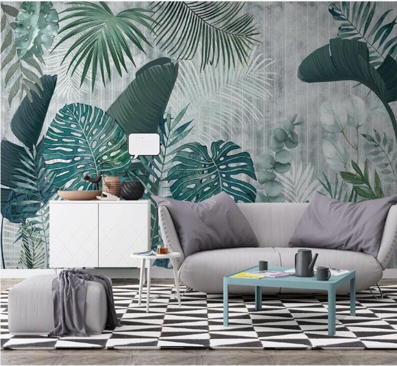 Hand drawn tropical plants leaves Removable wall fabric wallpaper Peel and Stick wall Self Adhesive Wallpaper Monstera Leaf Tropical mural image 4