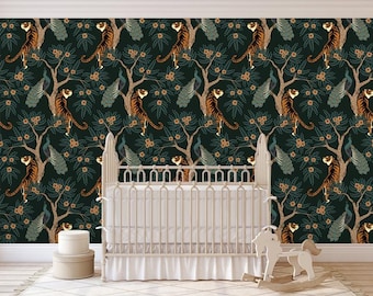 Tiger and peacock in the Woods Removable Wallpaper Peel & Stick Nursery Decor Self- Adhesive Wallpaper ,nursery wallpaper color customizable