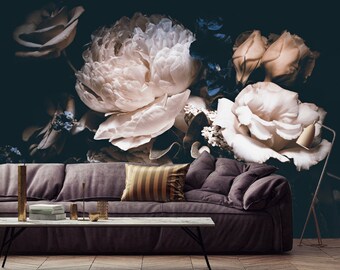 Papel pintado extraíble con diseño floral oscuro, diseño vintage de rosas y peonías, para jardín, decoración artística, autoadhesivo, calcomanía de pared