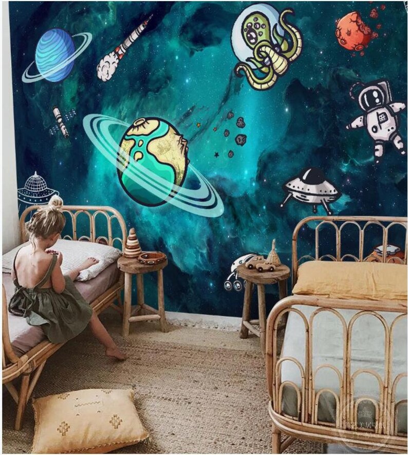 Watercolor spaceship wallpaper space kids bedroom wall mural Etsy