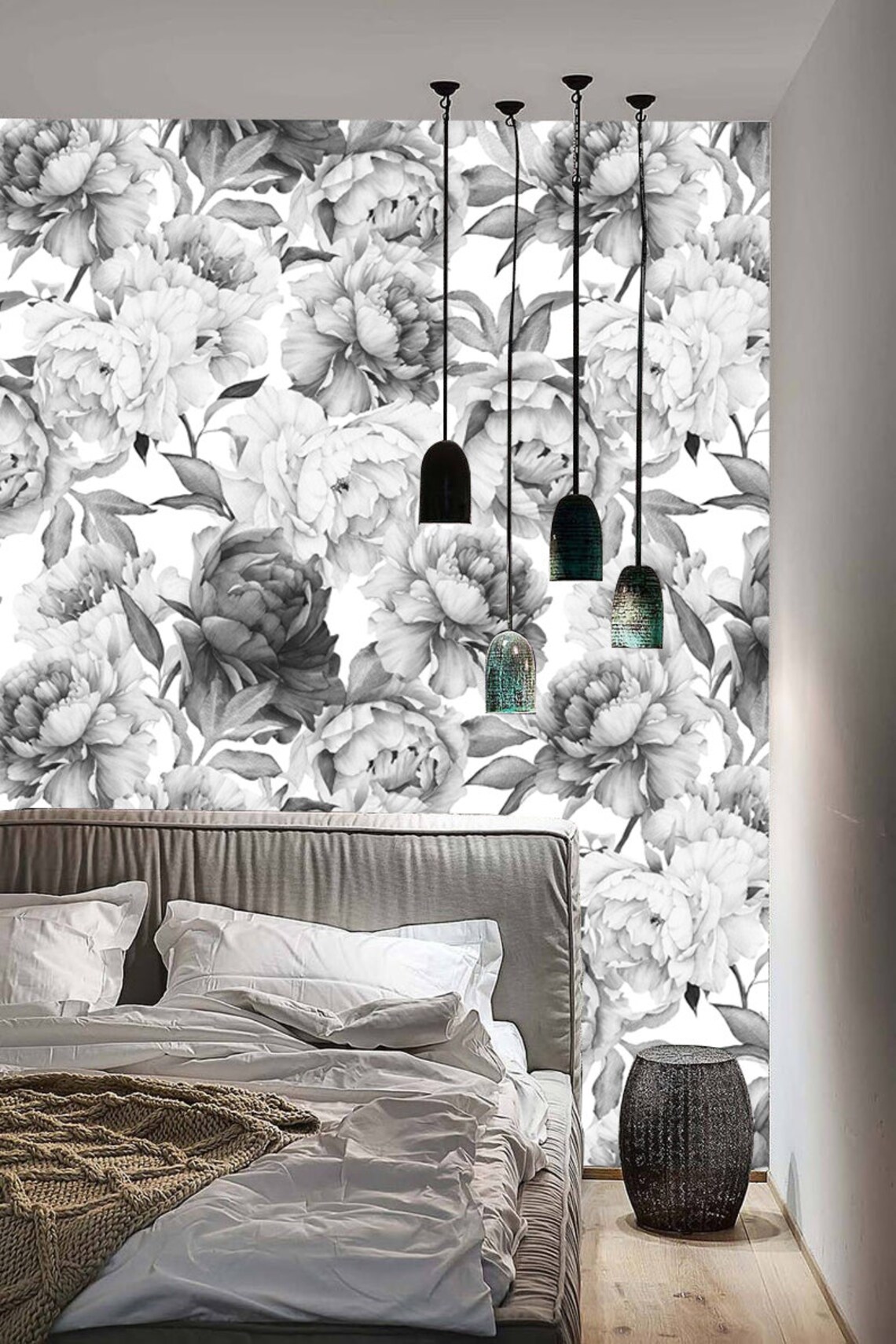 Removable Wallpaper Giant Black and White Peonypeel and Stick Etsy