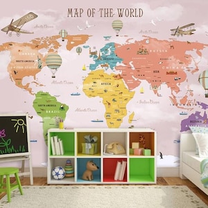 Safari animal watercolor world map wallpaper kids bedroom mural Peel and Stick nursery wall paper removable fabric airplane Wall mural