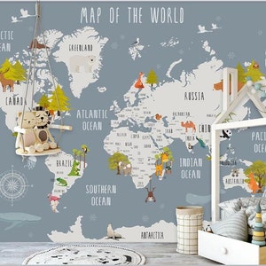 Safari animal world map wallpaper kids bedroom mural Peel and Stick nursery wall paper removable fabric Gray background World Map Wall mural