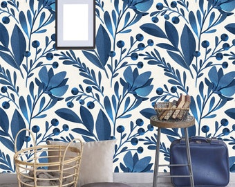 Papel tapiz removible con flores y hojas azules, papel tapiz floral de acuarela, papel tapiz autoadhesivo para decoración de guardería, mural floral