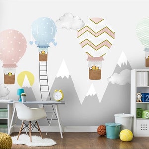 Hand drawn hot air balloon mountain Removable wall fabric wallpaper Peel and Stick wall Self- Adhesive Wallpaper nursery room cartoon mural