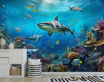 Sea underwater world removable fabric Wallpaper fish and shark nursery Wall Mural  Kids Room Wallpaper Peel and Stick