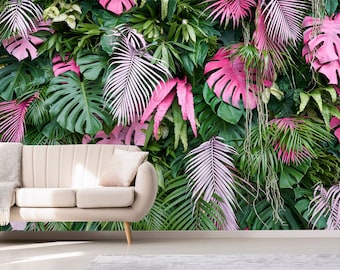 Colorful  tropical palm leaves modern removable fabric Wallpaper,peel and stick，Self Adhesive ,  plants palm leaves Wall Mural