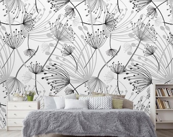 Botanical Dandelion Wallpaper - Scandinavian Minimalist Peel and Stick Removable Self Adhesive Dandelion wall mural DIY Accent Wall