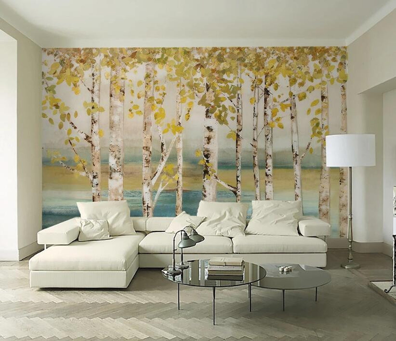 Hand Drawn Watercolor Birch Forest Removable Wall Fabric Wallpaper Peel ...