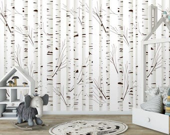 Black and White Wallpaper with Birch trees, Abstract Birches Trees Wall Mural Forest Wall Mural, Peel and Stick Wallpaper, Self Adhesive