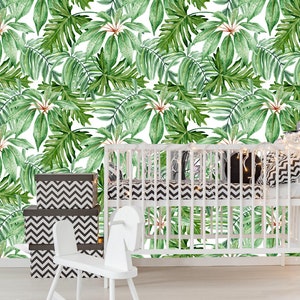 Removable Wallpaper Tropical Jungle Leaves Wallpaper Peel & Stick Mural Nursery Decor Self- Adhesive Wallpaper hand painted watercolor mural