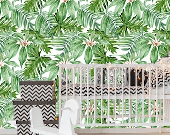 Removable Wallpaper Tropical Jungle Leaves Wallpaper Peel & Stick Mural Nursery Decor Self- Adhesive Wallpaper hand painted watercolor mural