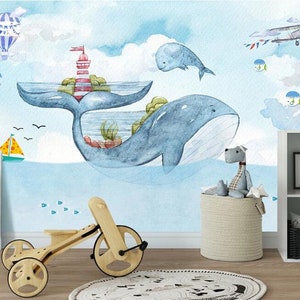 Hand painted watercolor whale Removable wall fabric wallpaper airplane hot air balloon Peel and Stick wall Self-Adhesive Children room mural