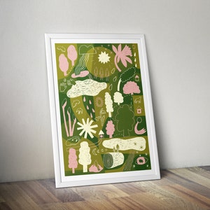 K&ouml;nnte beinhalten: Ein gr&uuml;ner und rosa illustrierter Druck mit einer Vielzahl von naturinspirierten Elementen, darunter B&auml;ume, Wolken, Regen und Blumen. Der Druck hat einen skurrilen und verspielten Stil.
