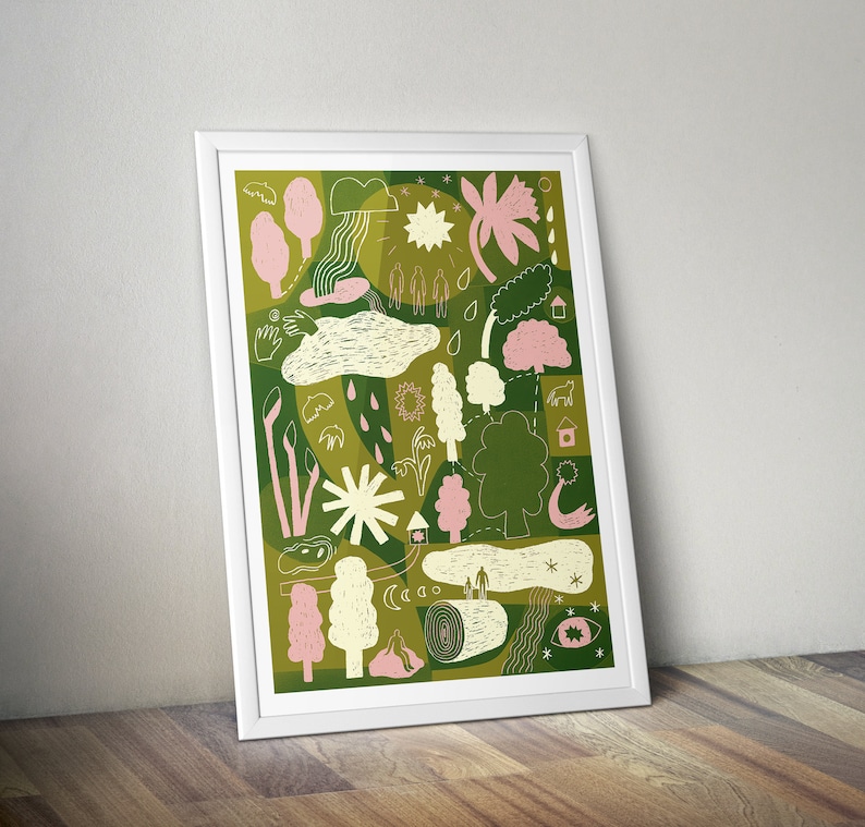 K&ouml;nnte beinhalten: Ein gr&uuml;ner und rosa illustrierter Druck mit einer Vielzahl von naturinspirierten Elementen, darunter B&auml;ume, Wolken, Regen und Blumen. Der Druck hat einen skurrilen und verspielten Stil.