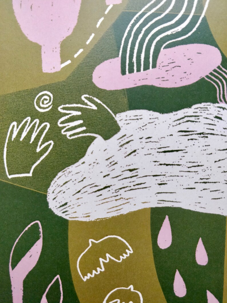 K&ouml;nnte beinhalten: Abstrakter Kunstdruck mit gr&uuml;nem Hintergrund und rosa und wei&szlig;en Formen. Der Druck zeigt eine Wolke mit einer ausgestreckten Hand, einen Regenbogen und Regentropfen.